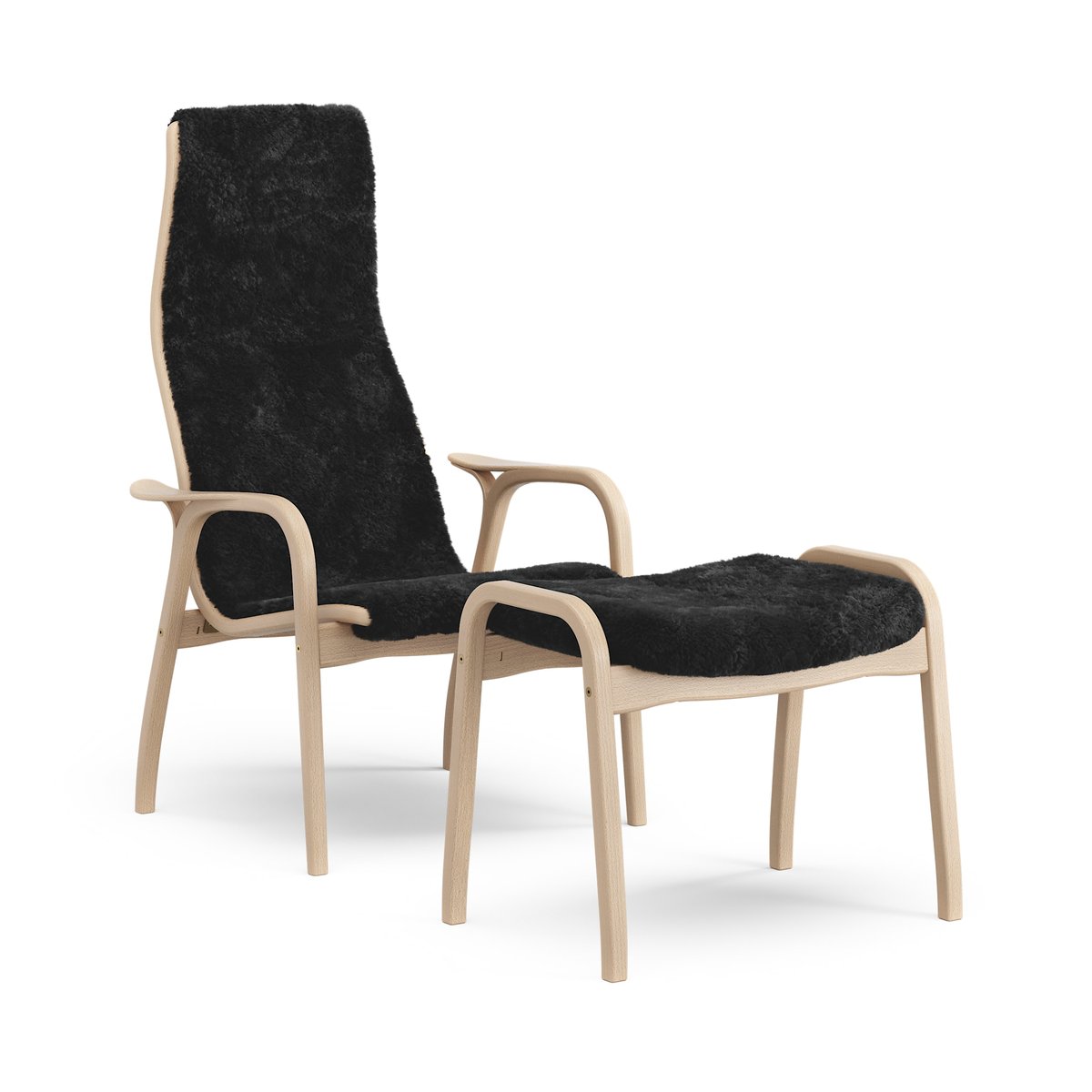 Swedese Lamino armchair and footstool varnished beech/sheepskin Black