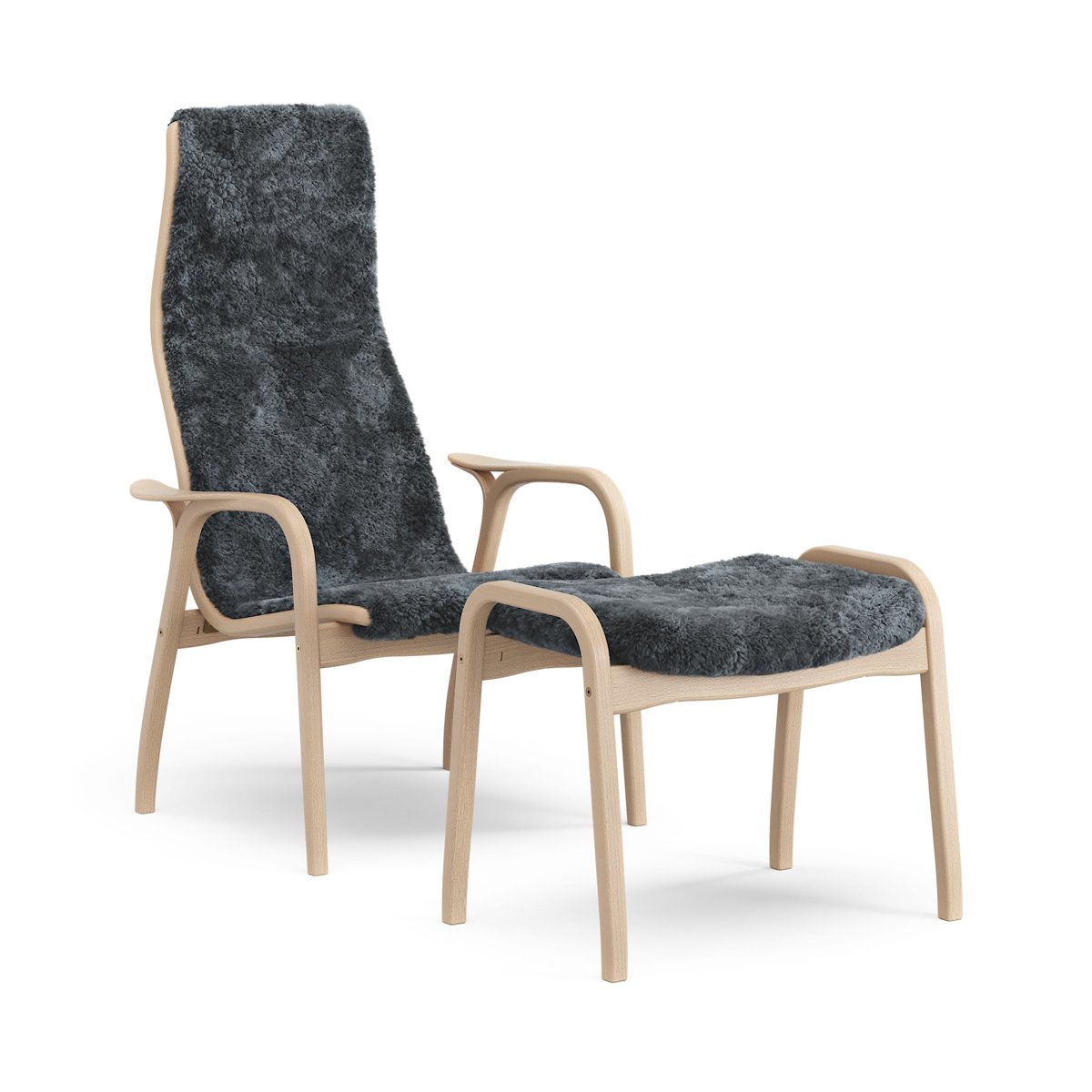 Swedese Lamino armchair and footstool varnished beech/sheepskin Charcoal (dark grey)