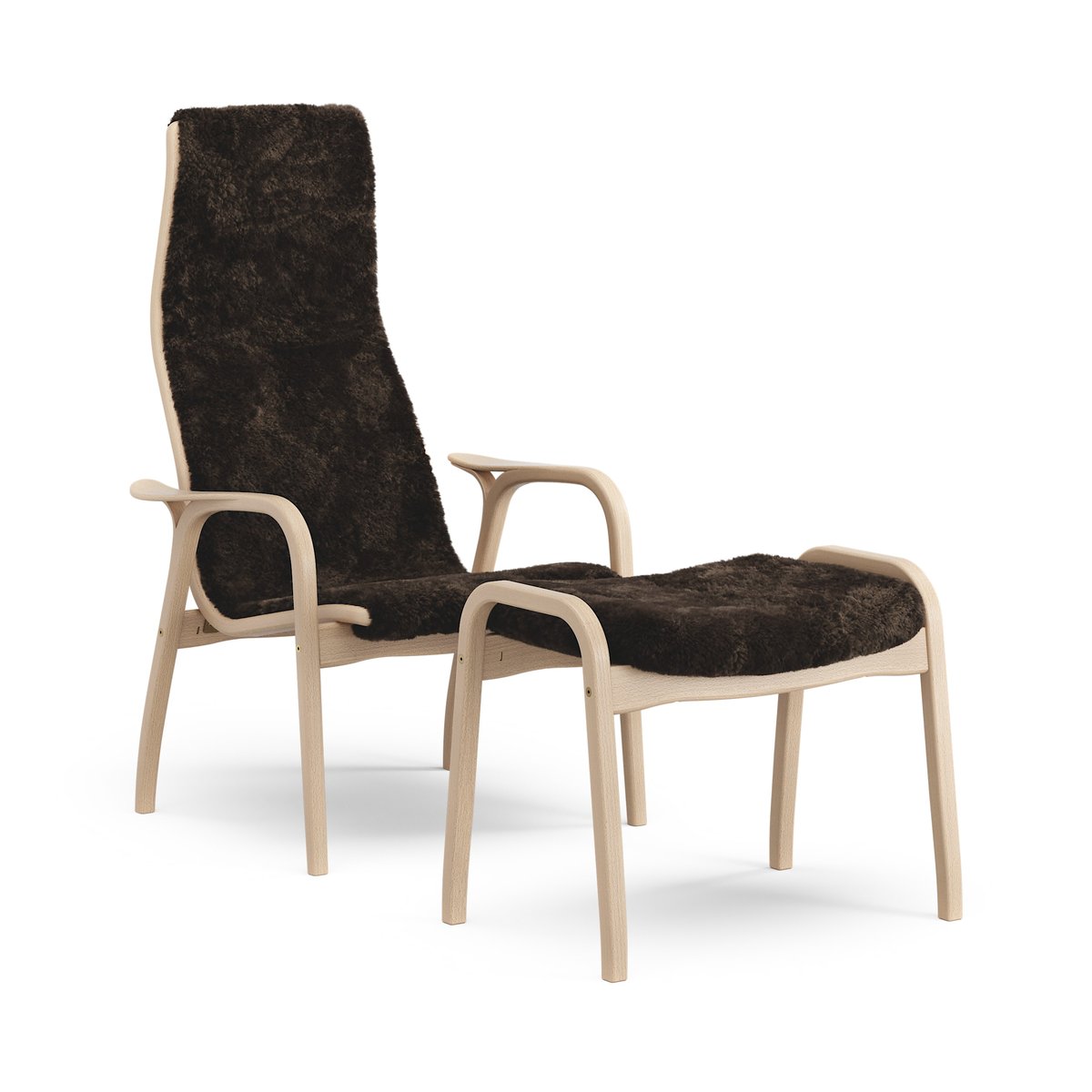 Swedese Lamino armchair and footstool varnished beech/sheepskin Espresso (brown)