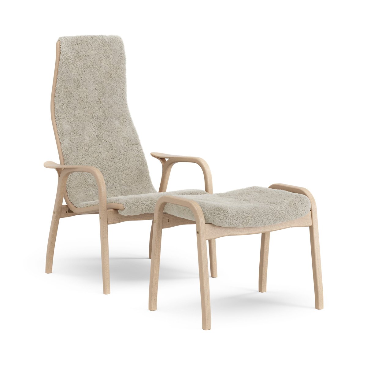 Swedese Lamino armchair and footstool varnished beech/sheepskin Moonlight (beige)