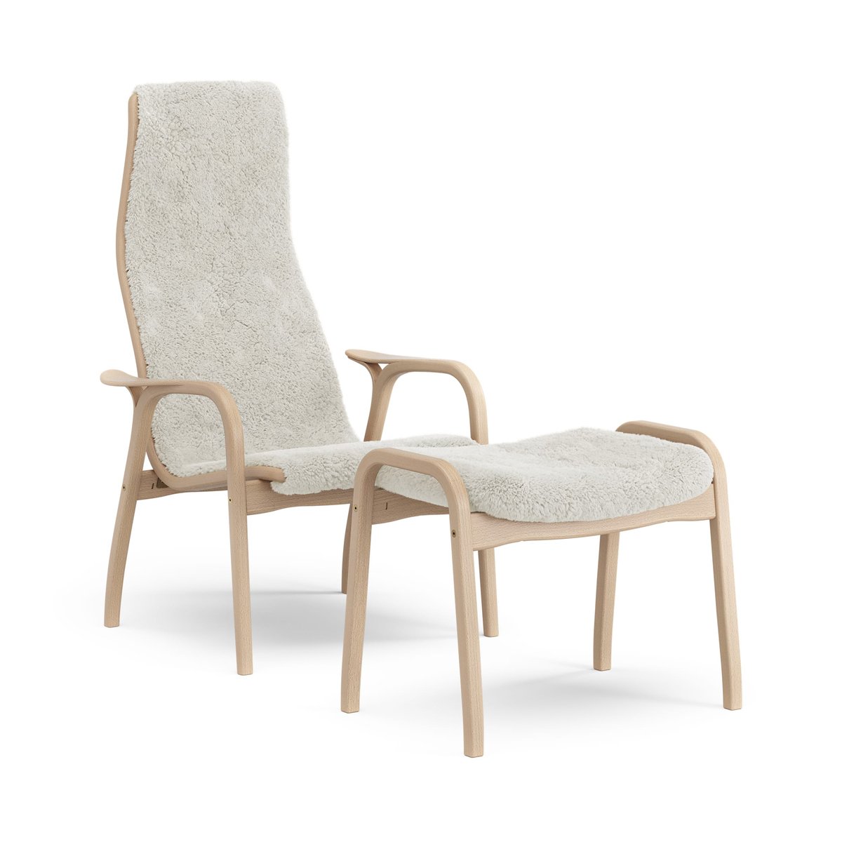 Swedese Lamino armchair and footstool varnished beech/sheepskin Off-white (white)