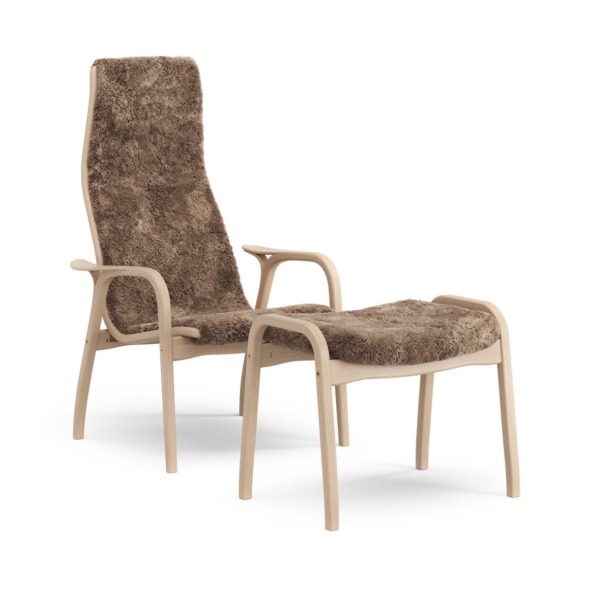 Swedese Lamino armchair and footstool varnished beech/sheepskin Sahara (nougat-brown)