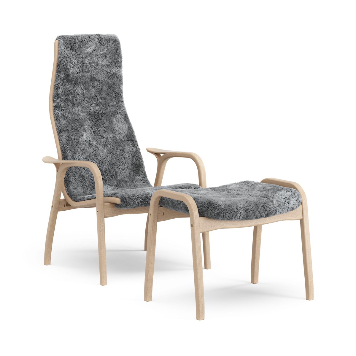 Swedese Lamino armchair and footstool varnished beech/sheepskin Scandinavian Grey