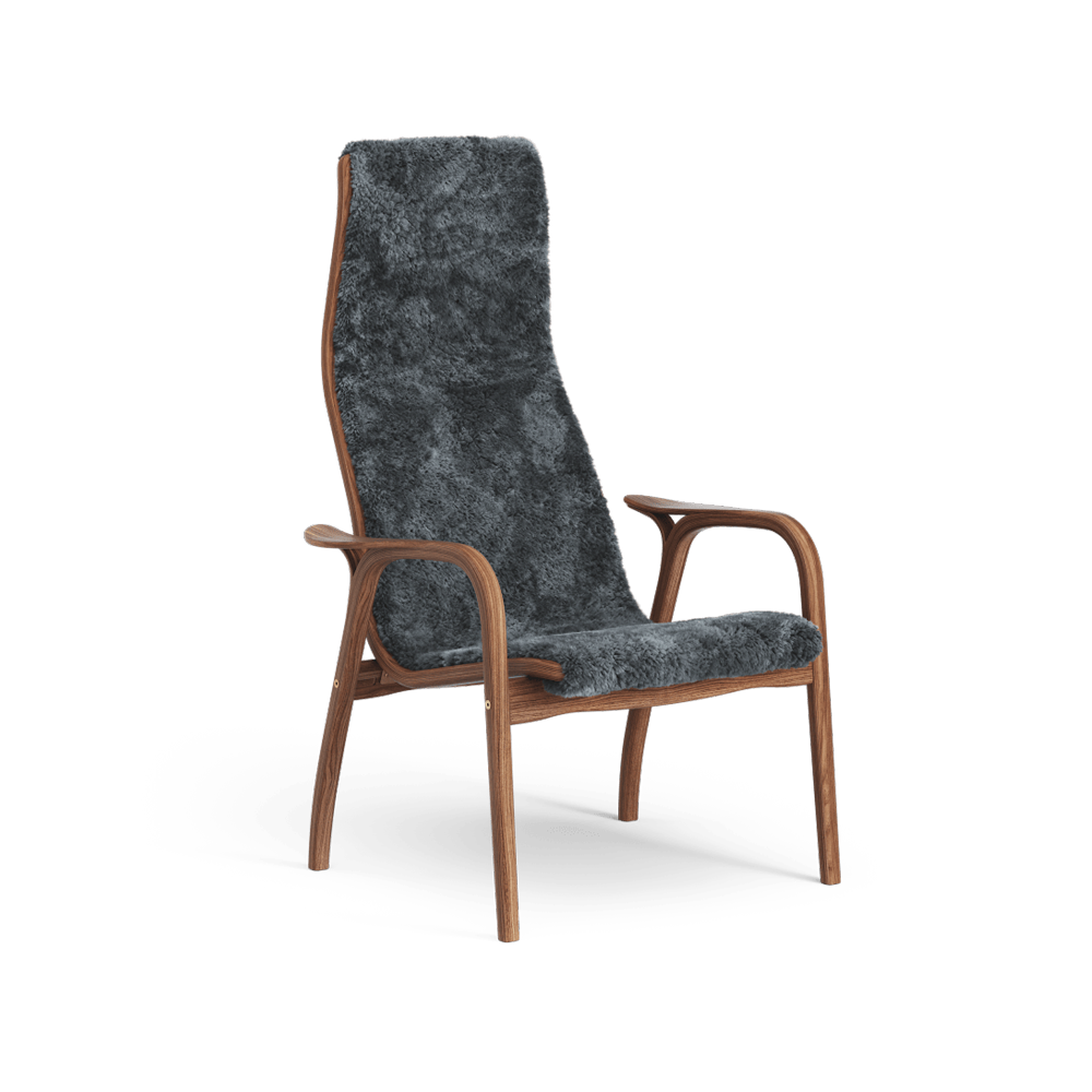 Swedese Lamino armchair Sheepskin charcoal, lacquered walnut