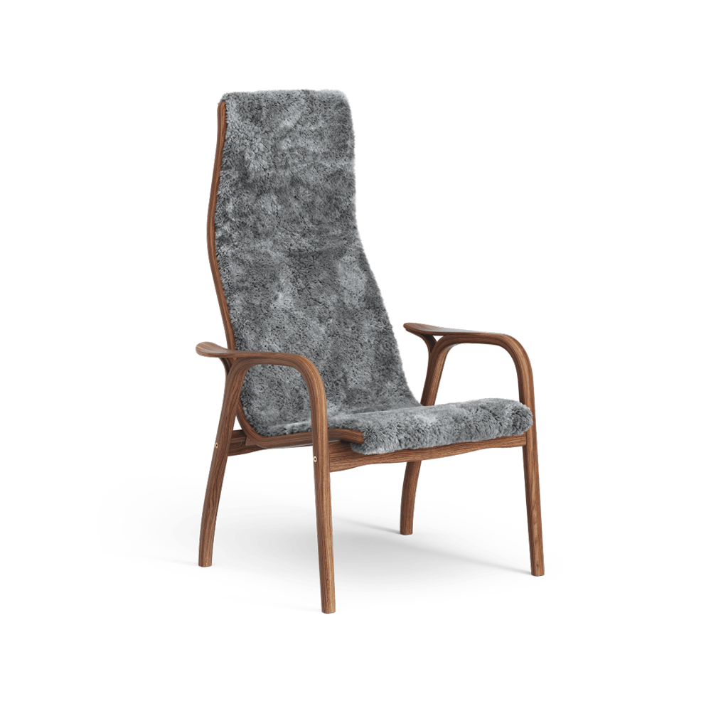 Swedese Lamino armchair Sheepskin scandinavian grey, lacquered walnut