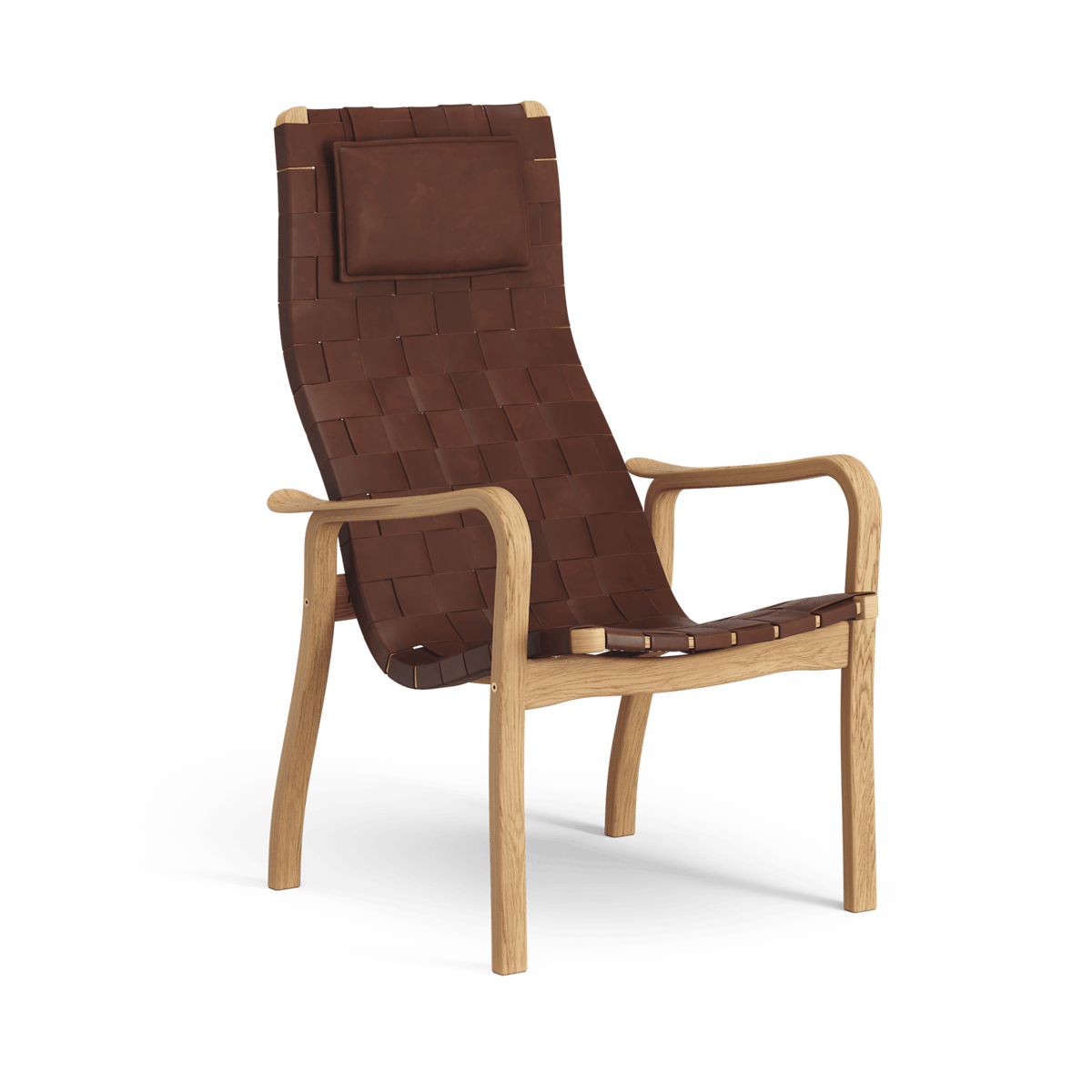 Swedese Primo arm chair high with neck cushion oiled oak Belt leather brown / red