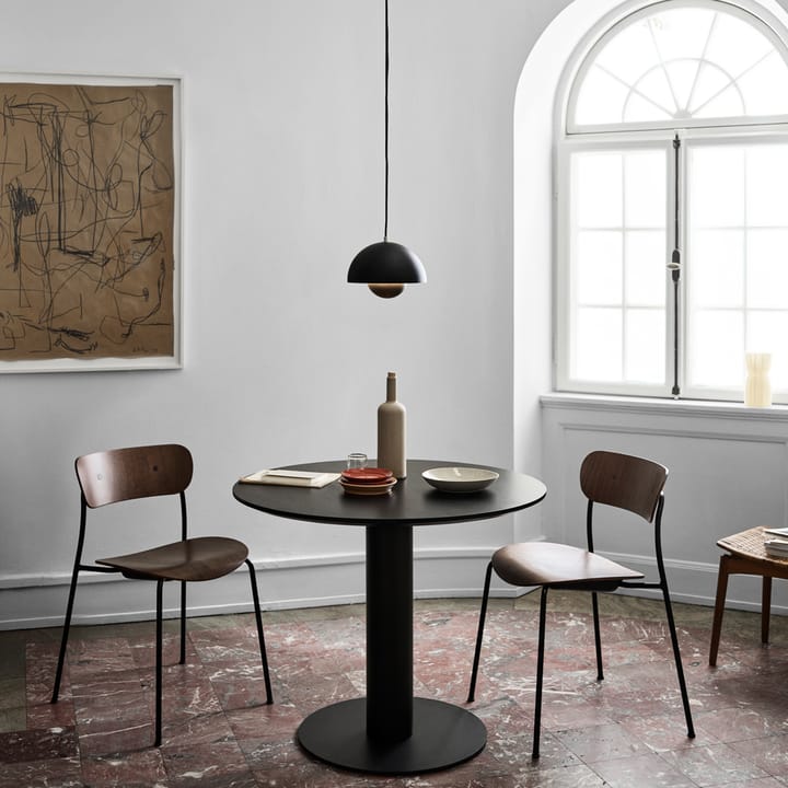 In Between SK11 dining table, Black lacquered oak. matte black metal stand &Tradition