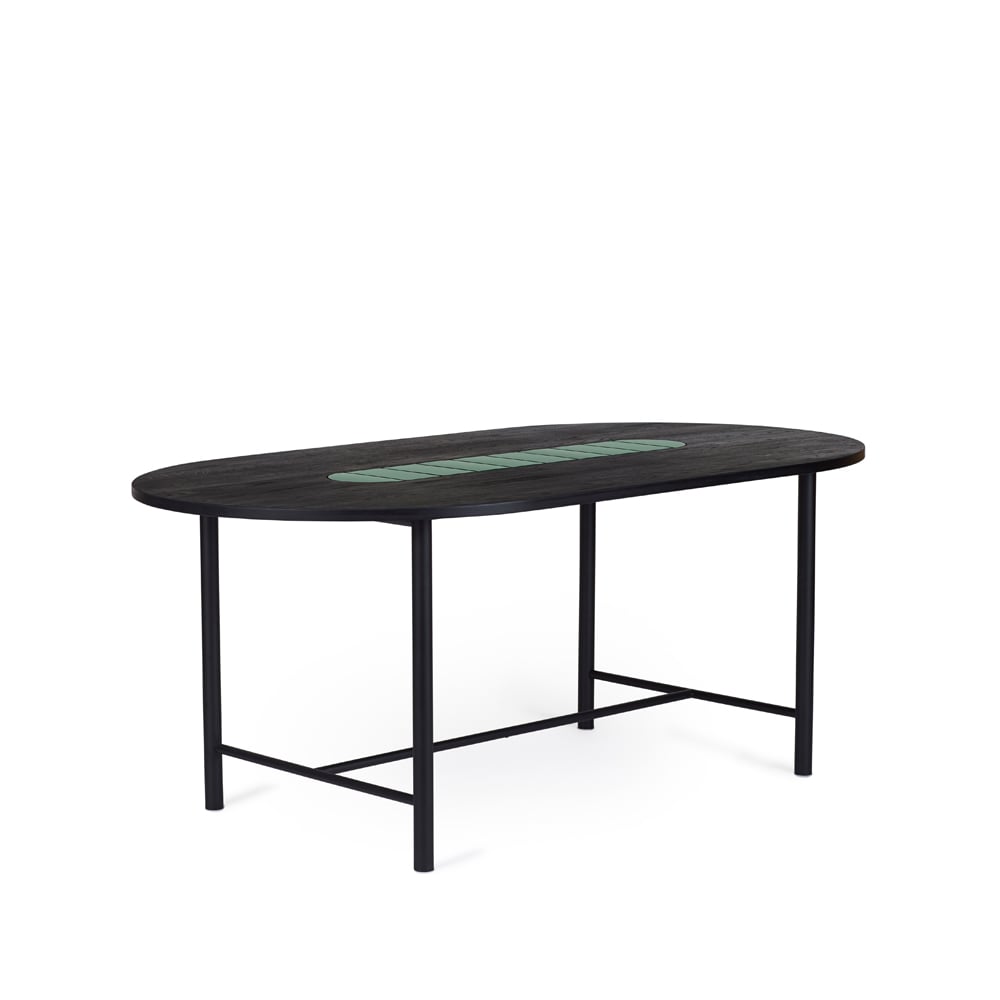 Warm Nordic Be My Guest dining table Oak black oil black steel stand. green ceramic. 100x180