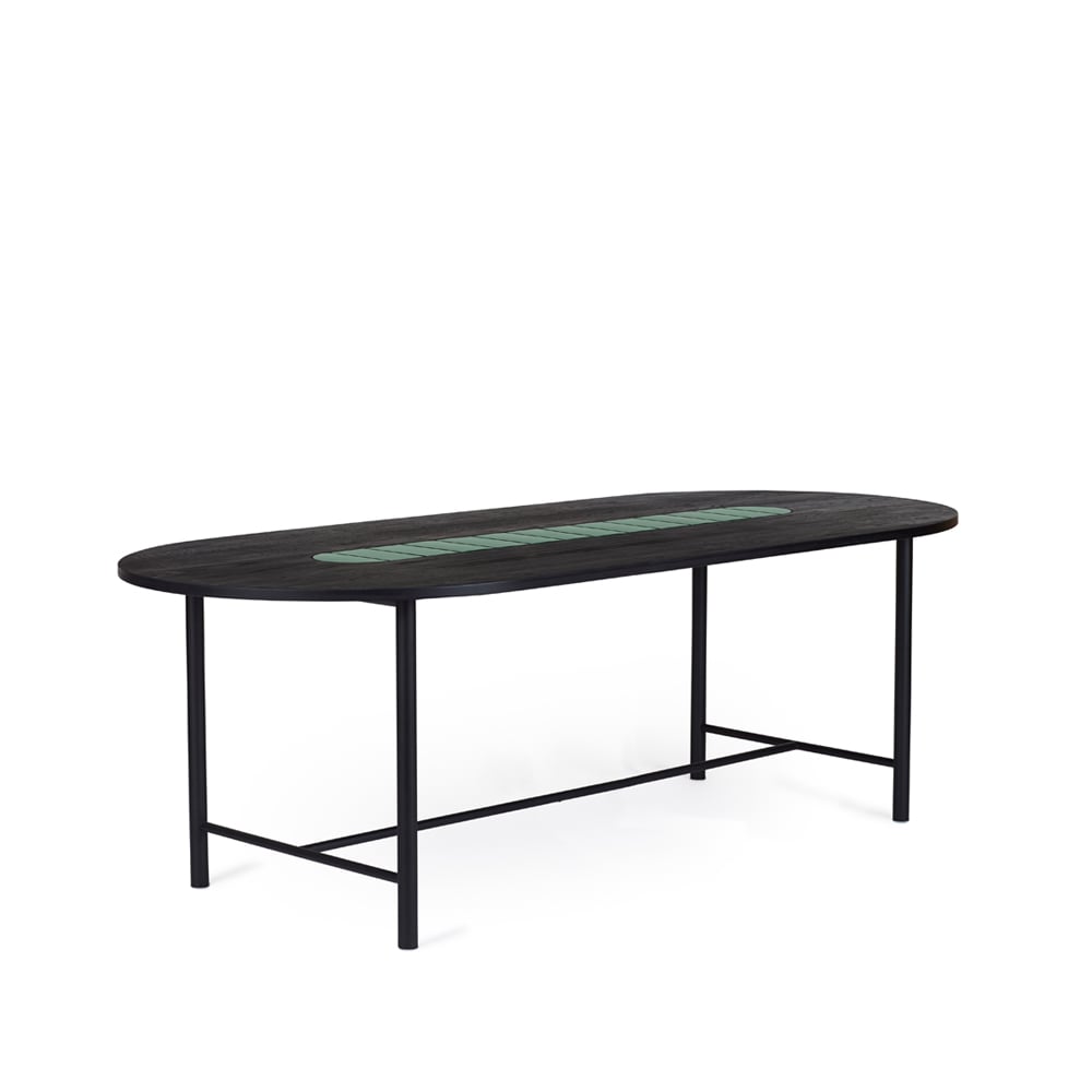 Warm Nordic Be My Guest dining table Oak black oil black steel stand. green ceramic. 100x220