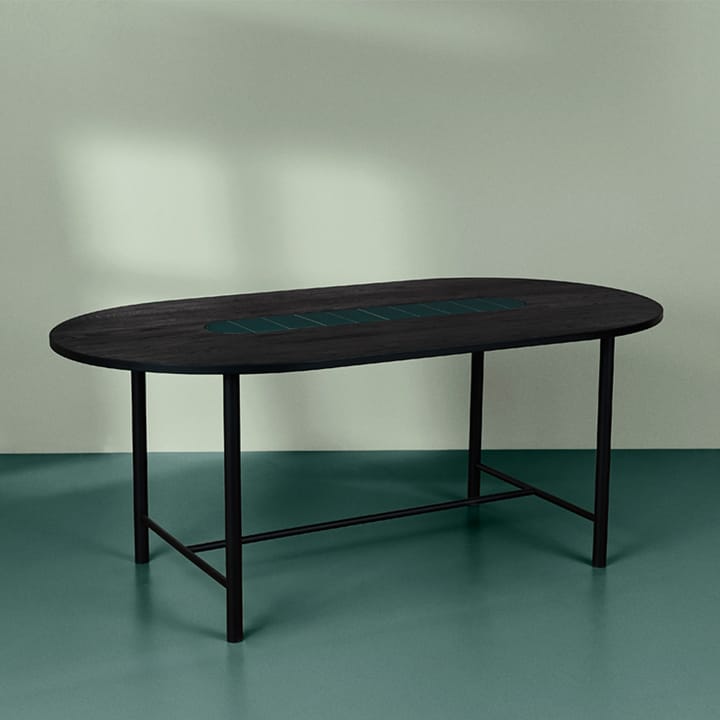 Be My Guest dining table, Oak black oil black steel stand. green ceramic. 100x220 Warm Nordic