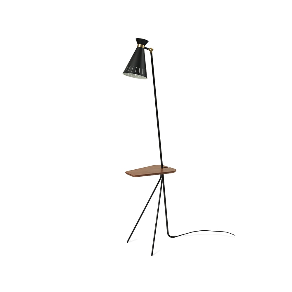 Warm Nordic Cone floor lamp Black noir, teak table, brass details