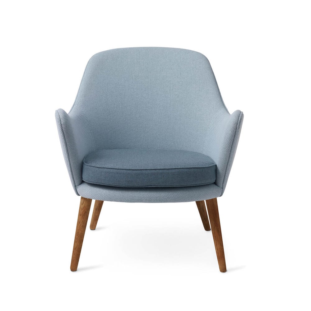 Warm Nordic Dwell lounge chair Fabric merit 014/rewool 768 minty grey/light steel blue, legs in smoked oak