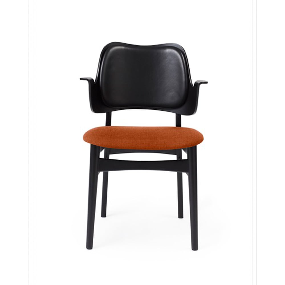 Warm Nordic Gesture chair, upholstered seat and back Fabric rusty rosé, leather backrest, black lacquered beech legs