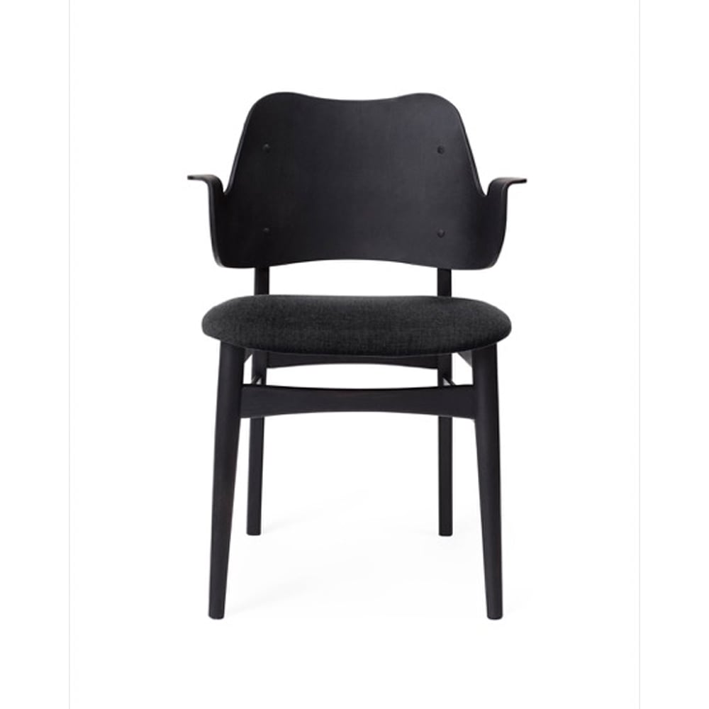 Warm Nordic Gesture chair, upholstered seat Fabric anthracite, black lacquered beech legs