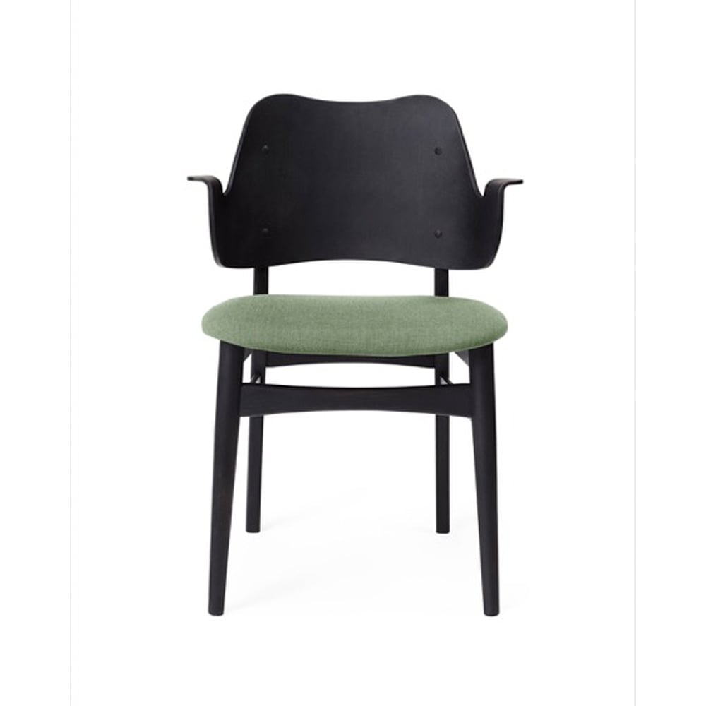 Warm Nordic Gesture chair, upholstered seat Fabric canvas 926 sage green, black lacquered beech legs, upholstered seat