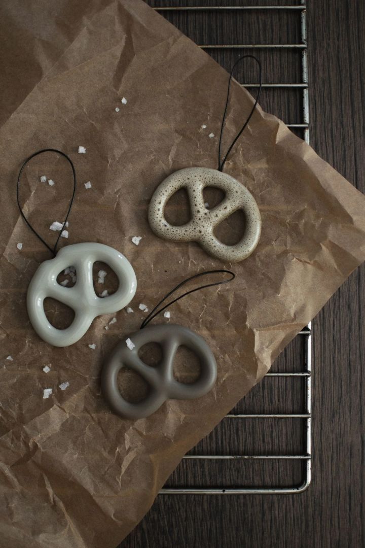 Treat shaped decorations are very popular in 2024 with hanging decorations like these pretzels from DBKD. 