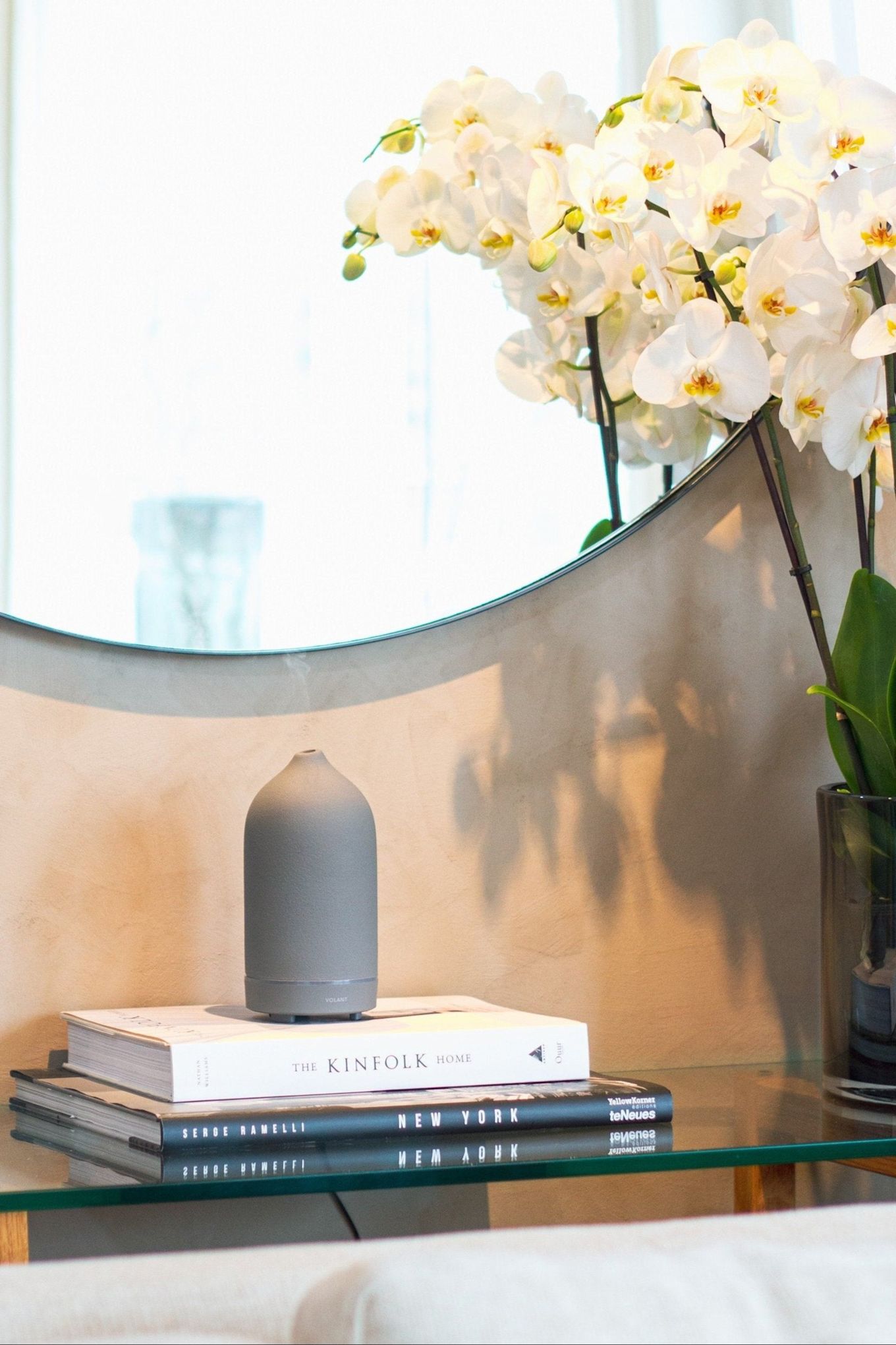 The grey stone diffuser from Volant stands on a pile of books in front of a mirror, with a plant next to it. Give it as a gift for Mother's Day to create a spa feeling.