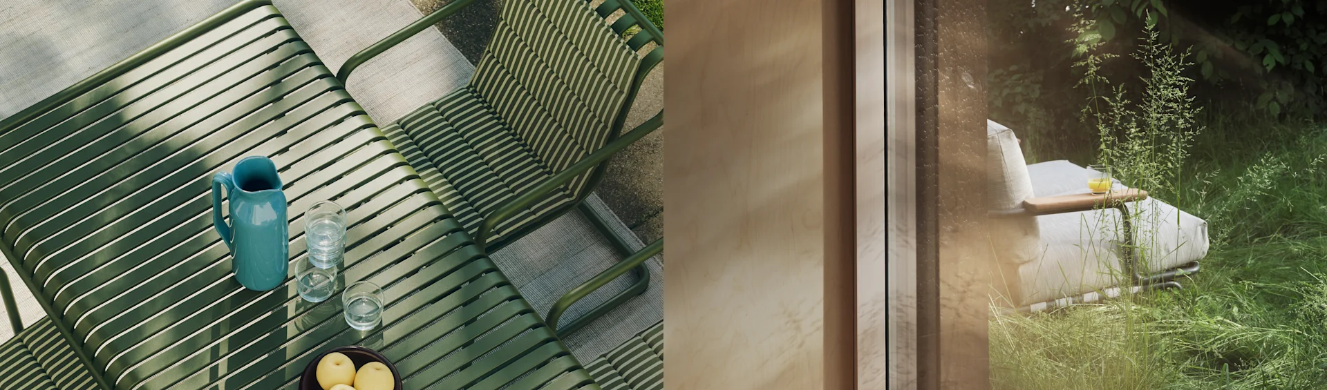 Left: green slatted outdoor table with a blue pitcher, water glasses, and fruit. Right: white lounge chair in a lush green garden seen through a window.