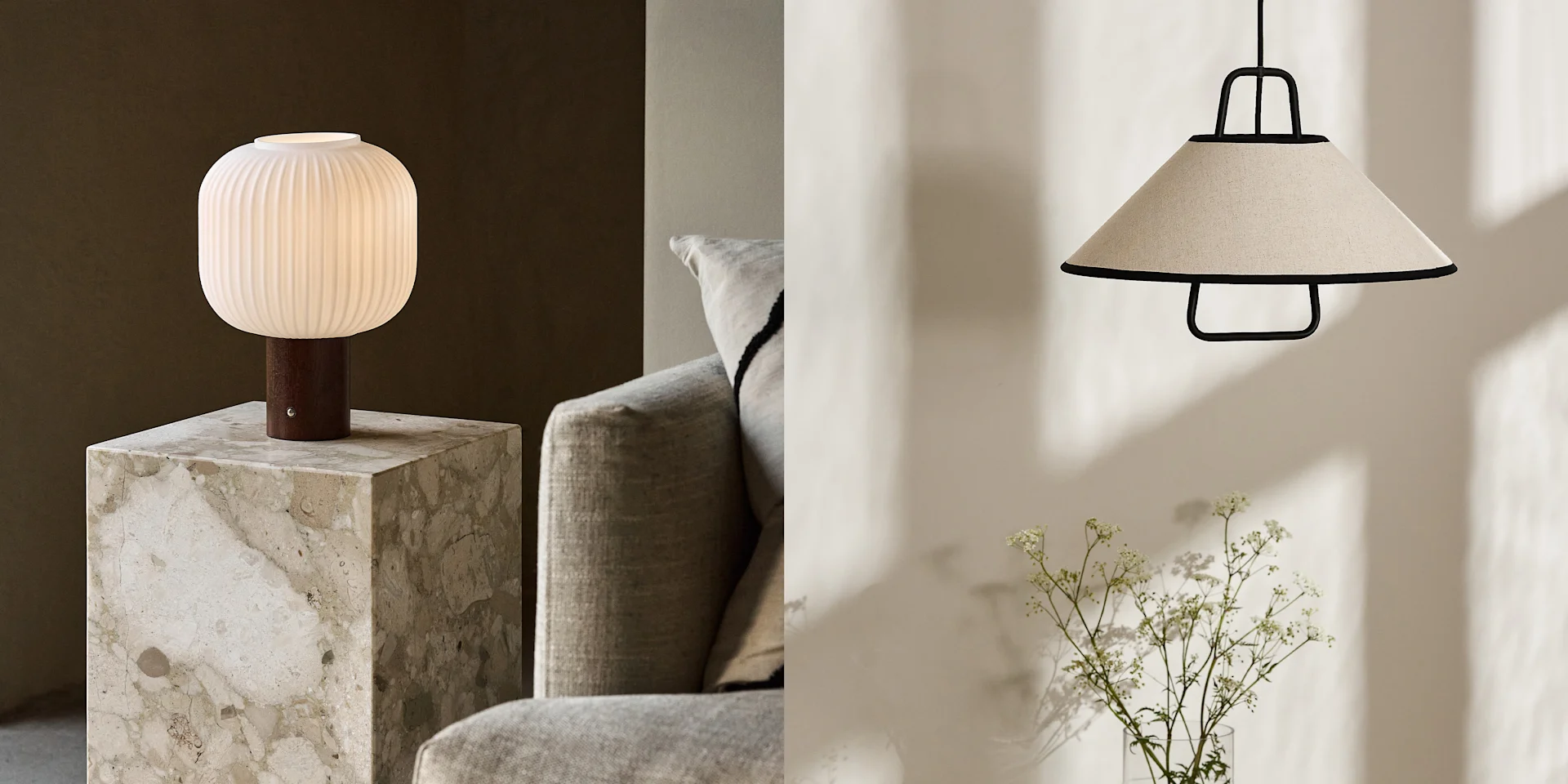 Ribbed white glass table lamp on marble stand; beige fabric pendant lamp with black frame and plant.