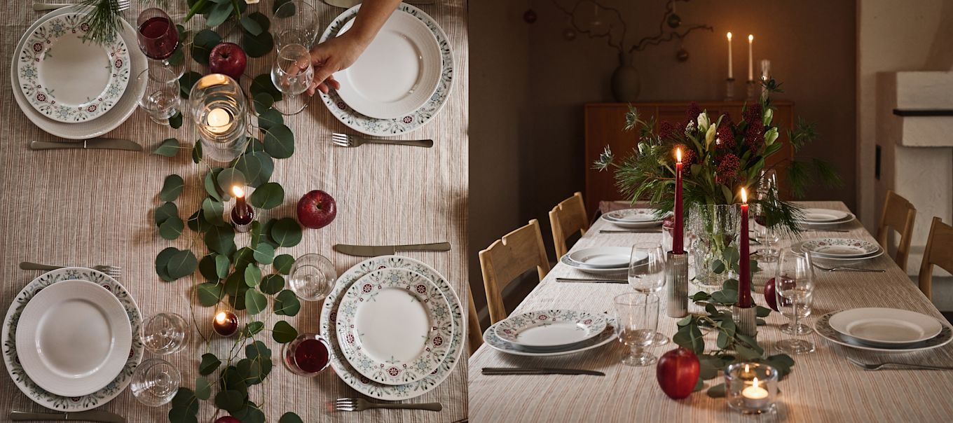 Two views of a simple Christmas table setting one from above, one from the side where you can see red candles, patterned tableware and natural table decorations. 