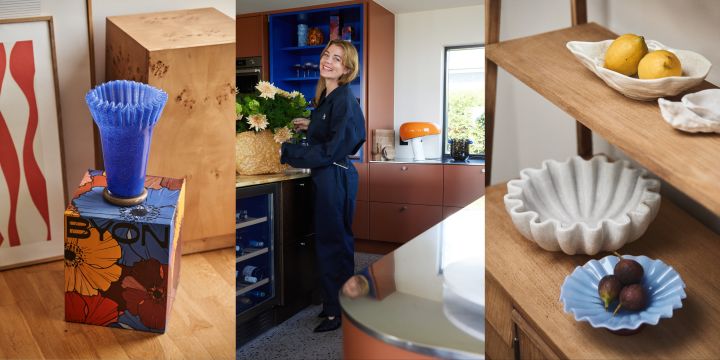 Picture showing Beatrice Lindgren, Creative Director at Byon together with Lori bowl in light blue and Lori vase in cobalt blue.