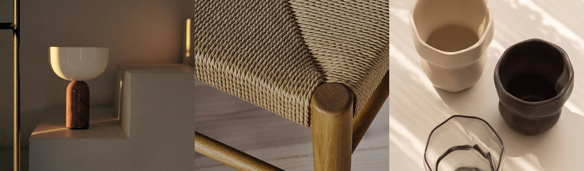 A modern lamp, a woven chair seat, and two ceramic mugs with a glass bowl, all in warm tones.