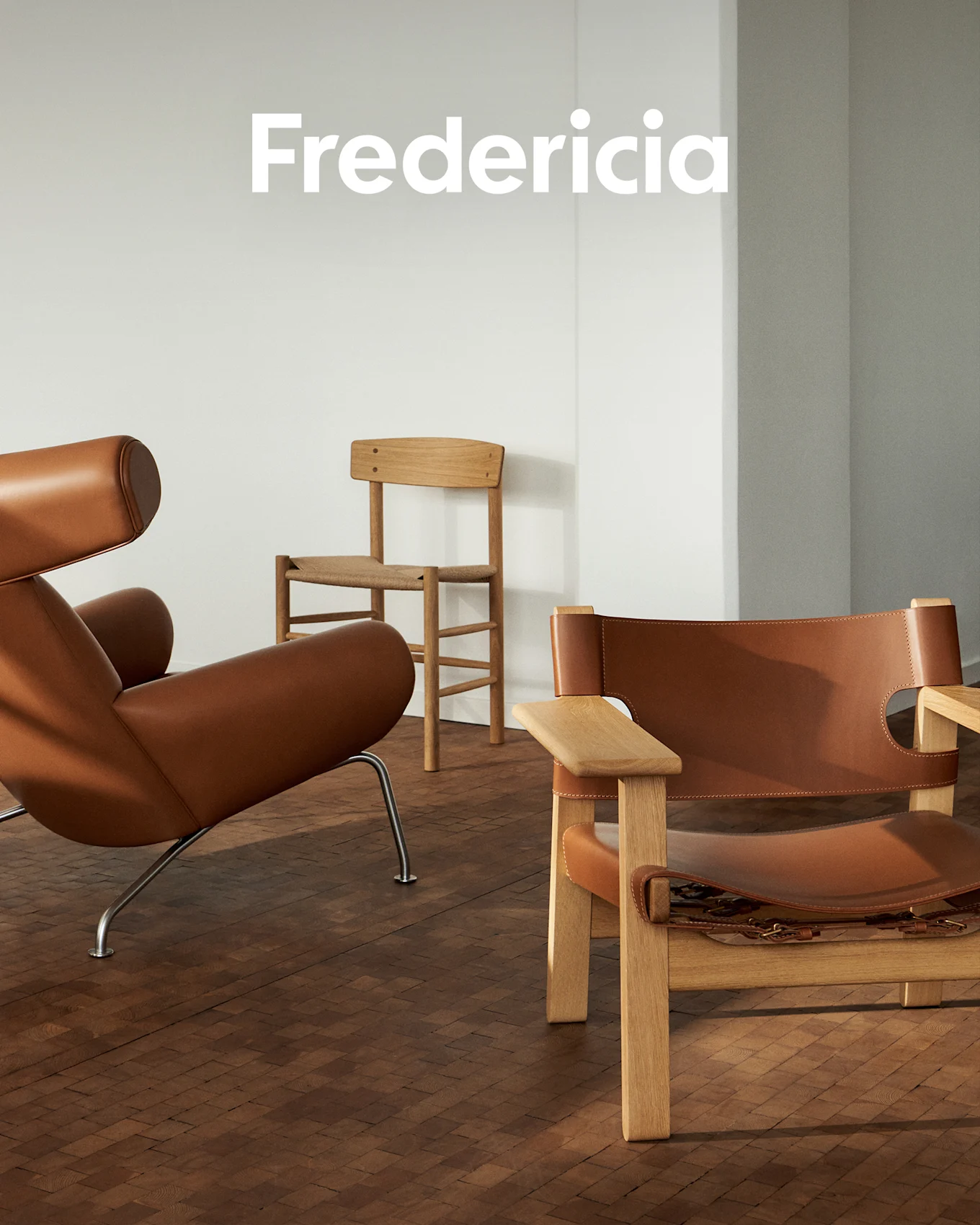 Fredericia logo. Three designer chairs: a brown leather lounge chair, a woven wooden chair, and a light wood armchair with leather.