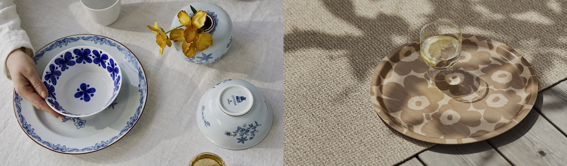 Two scenes: left, a hand holds a blue and white patterned bowl on a matching plate with a vase of flowers; right, a patterned tray with lemon water.