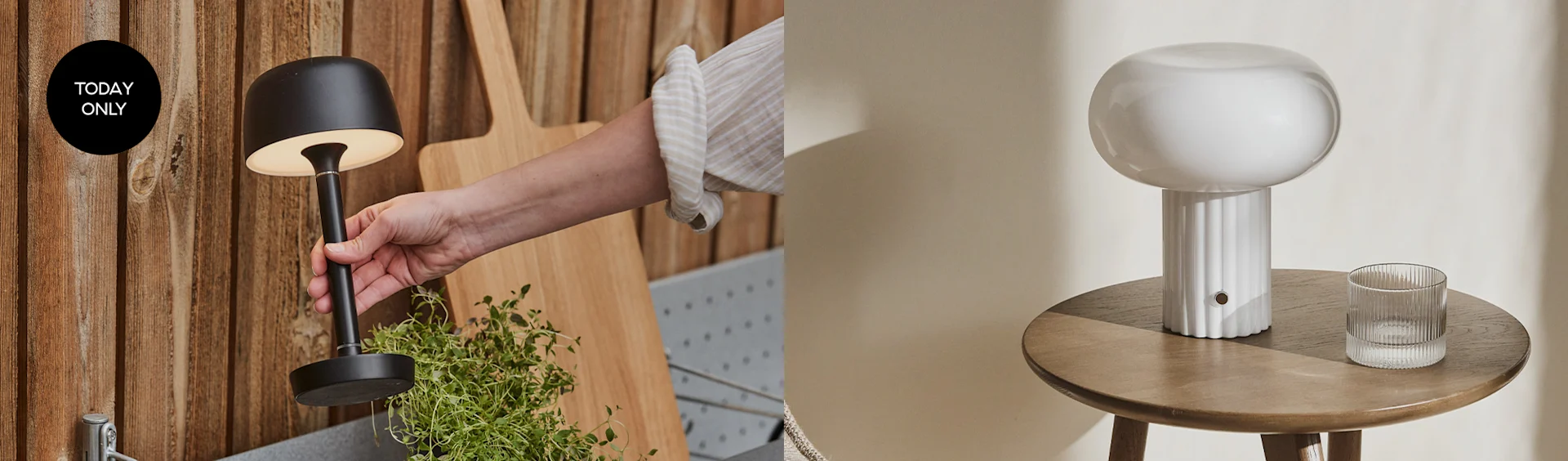 A black portable lamp held over herbs, and a white mushroom-shaped lamp on a wooden table.
