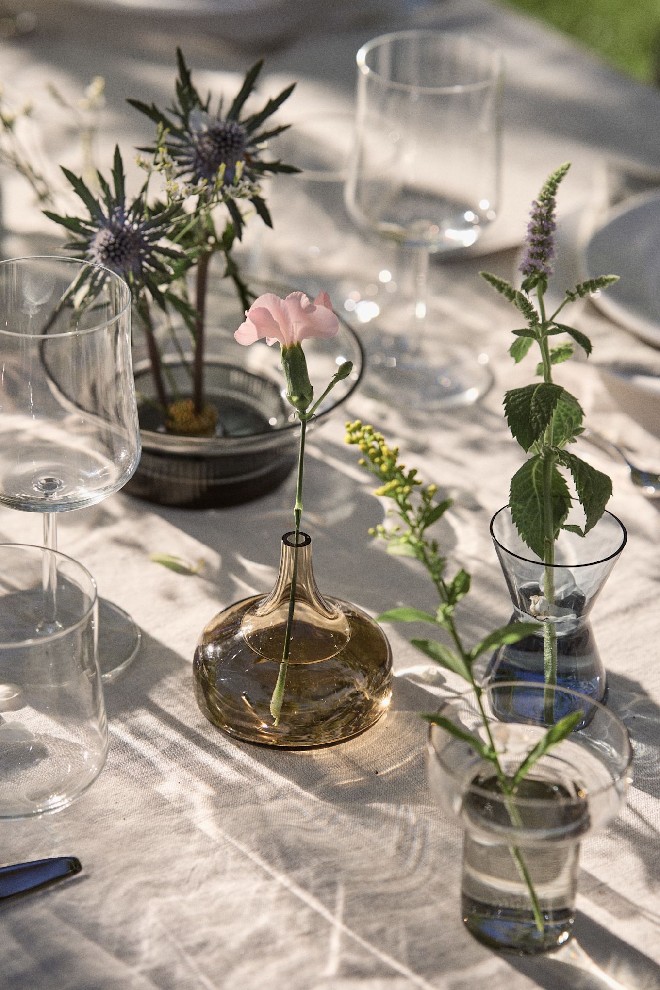 A close up of the mini Midsummer vases from Orrefors in the sunshine. 