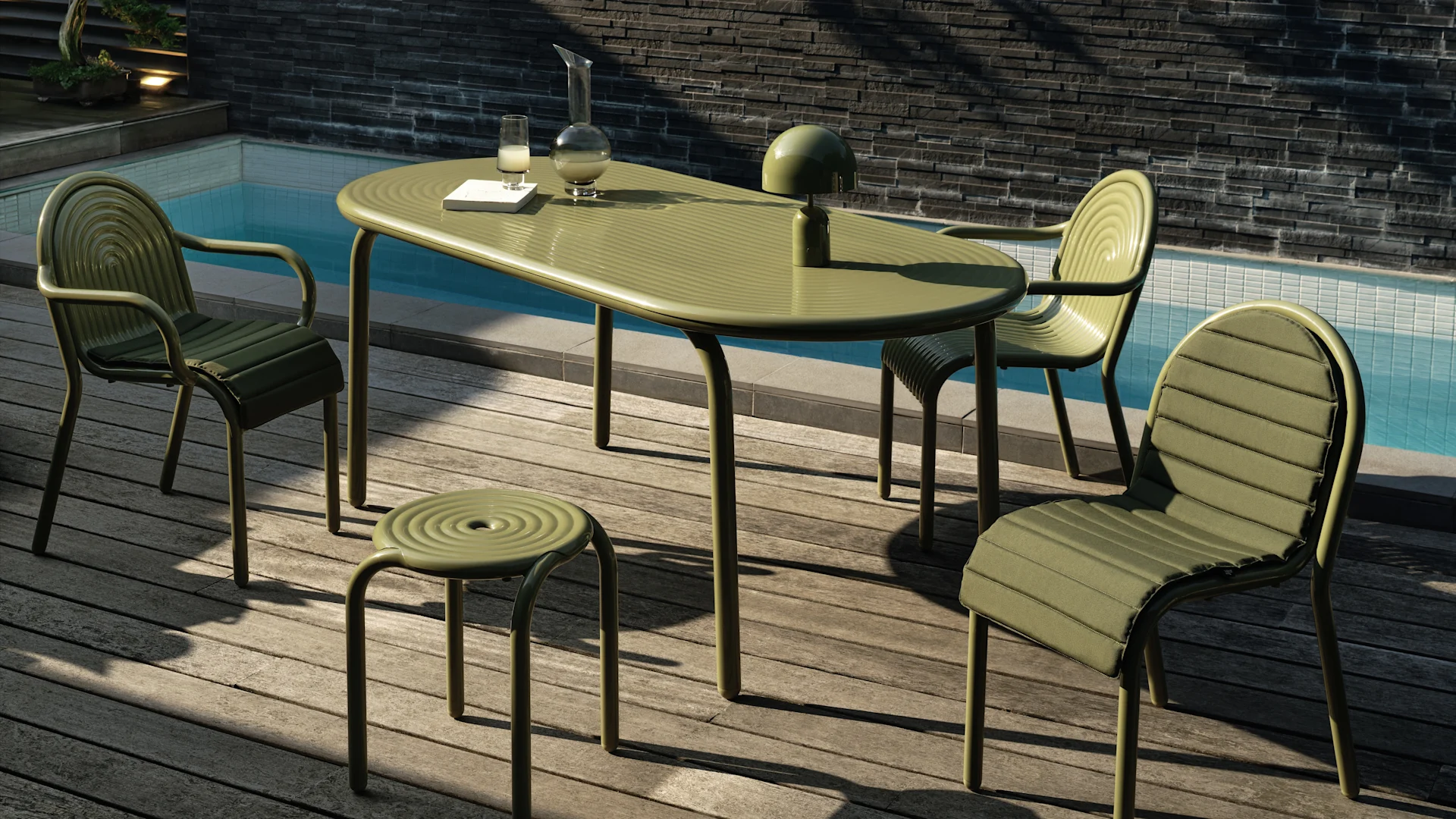 Outdoor dining set with light wood table and slatted chairs, a salad bowl, and modern lantern, under an umbrella.
