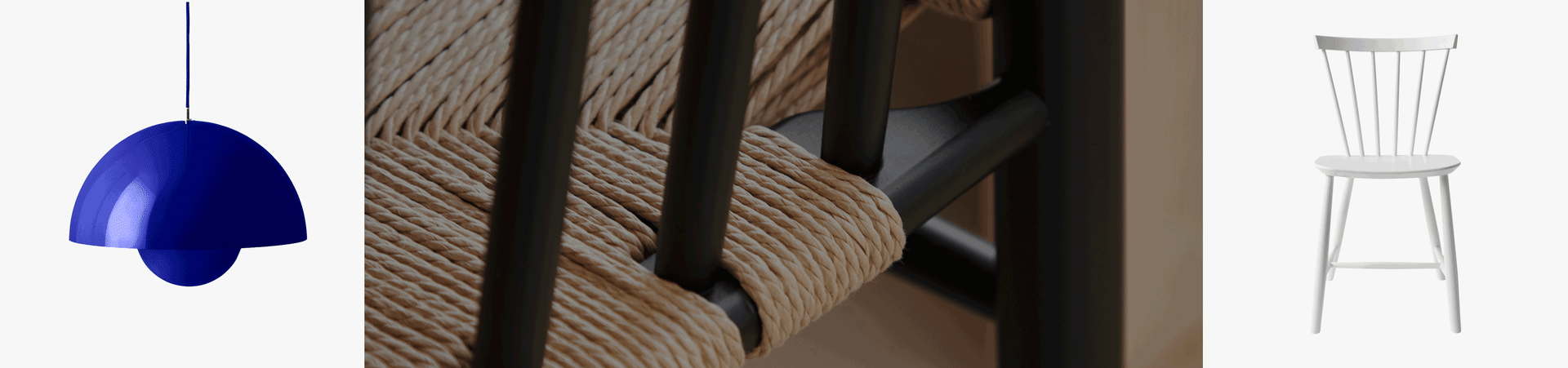 Blue bell-shaped pendant lamp, close-up of a chair with a woven natural fiber seat, and a white wooden spindle-back dining chair.