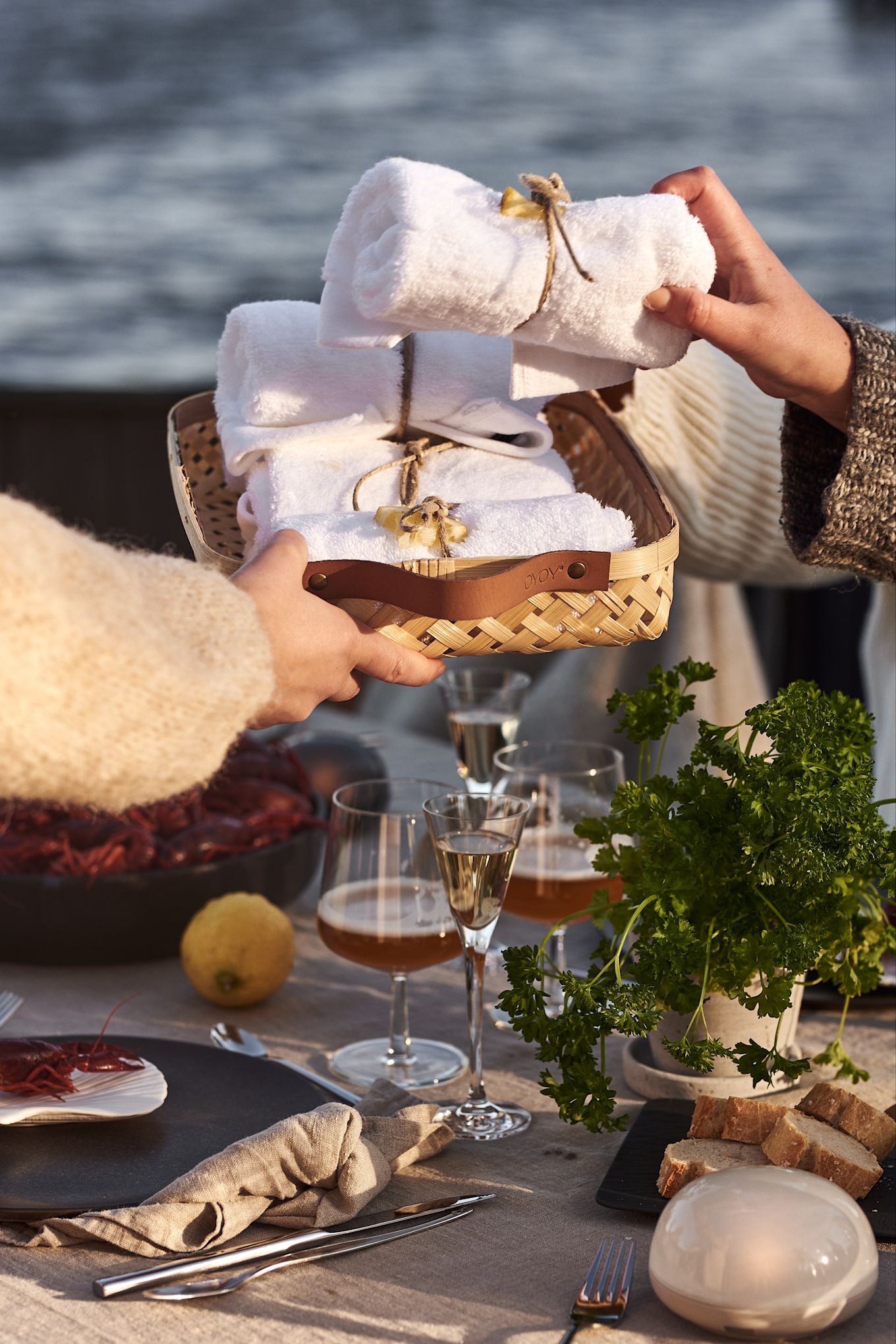 Host a Swedish crayfish party and place a small basket on the table filled with wet hand towels for your guests to wash their hands.