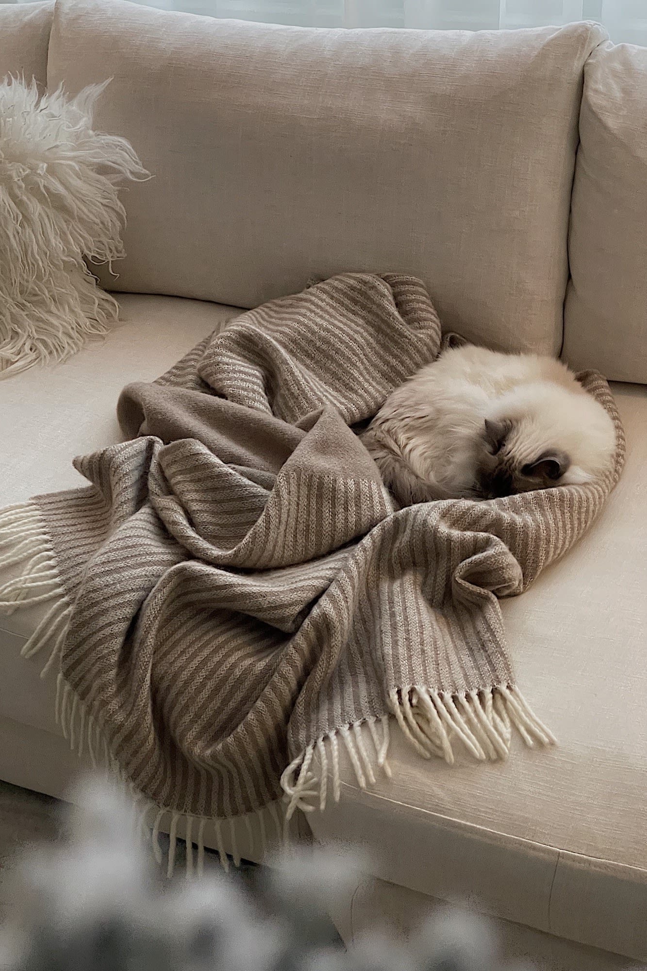 Create a cosy hygge living room for everyone to enjoy including the family cat who sleeps on the NJRD Stripes wool throw in beige. 