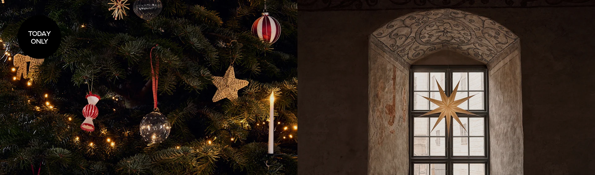 A Christmas tree with lights, red and white ornaments, and a "TODAY ONLY" tag, beside an antique arched window with a large golden star.