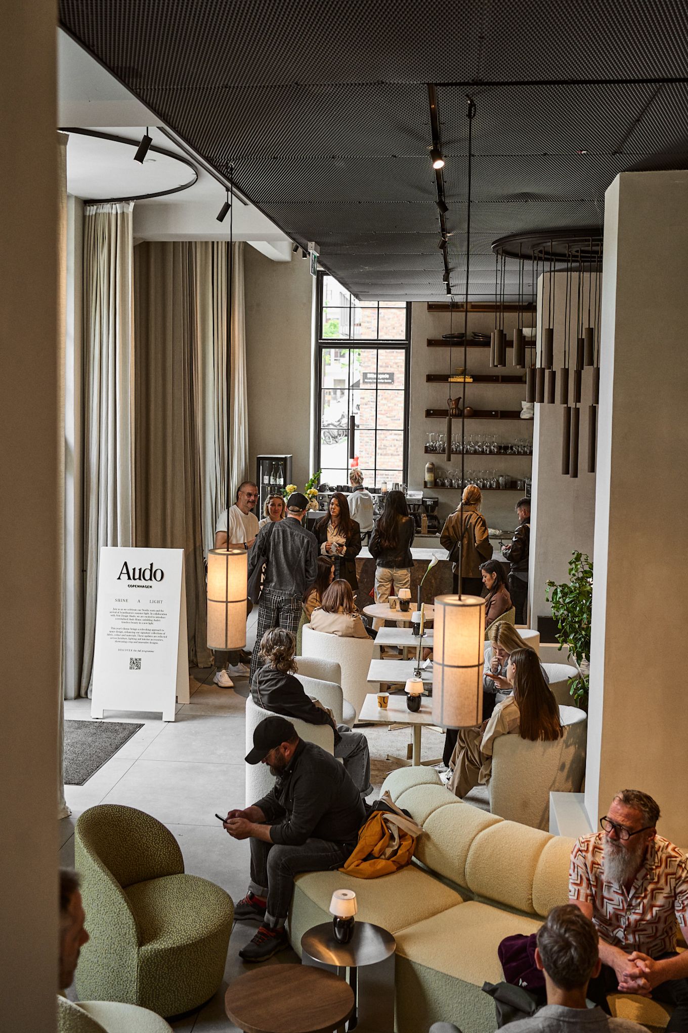 The restaurant at Audo House during 3 Days of Design, filled with design from Audo Copenhagen. It is the perfect place for lunch for any design lover on a Copenhagen city tour. 