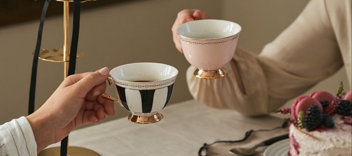 Celebrate Galentine's Day with a traditional afternoon tea with your girlfriends. Here you see two friends raising cups of tea in traditionally shaped tea cups from Hilke. 