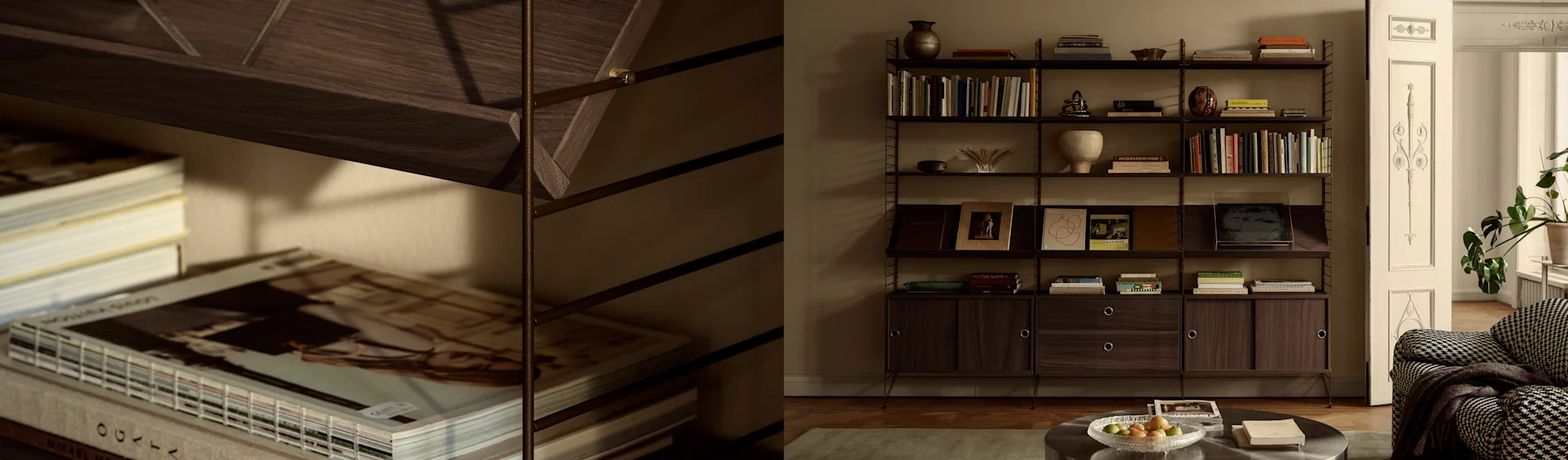 A living room with a dark wooden shelving system filled with books and decor, a houndstooth sofa, and an ornate open doorway.