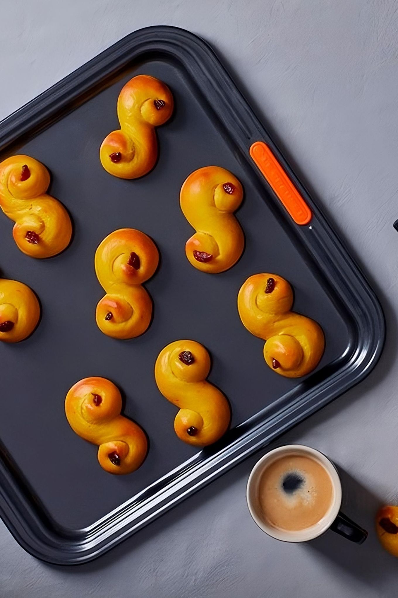 Lussekatter are a special Swedish pastry that is mainly eaten at Christmas time. Here you can see deliciously golden-brown baked lussekatter on a Le Creuset baking tray.