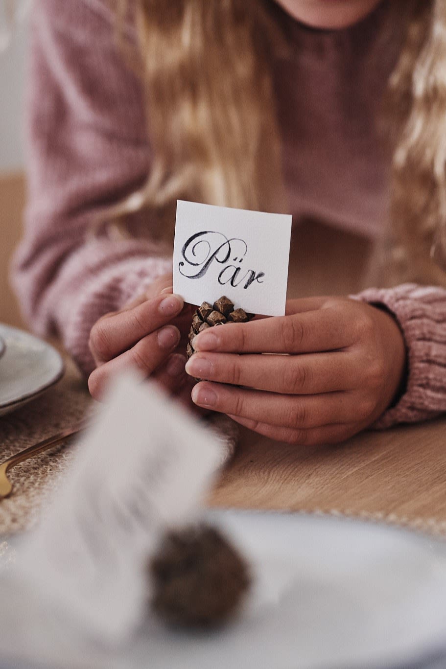 In this white Christmas table decoration, pine cones with handwritten name cards are used for the table decoration.